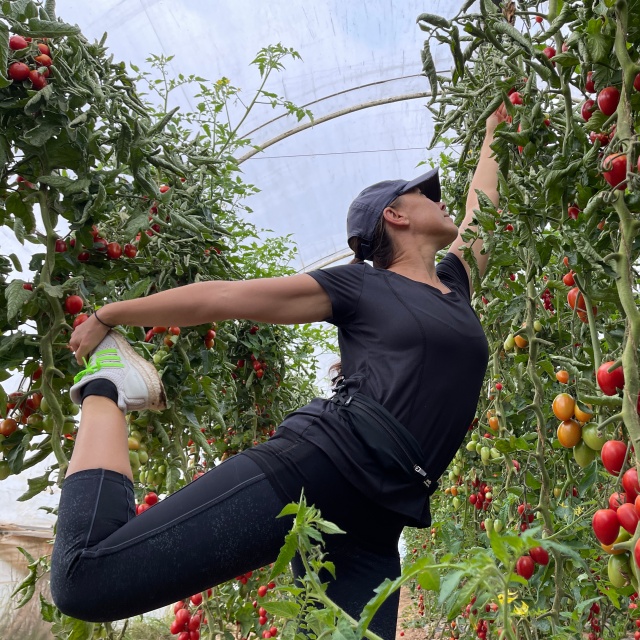 Yoga beim Tomaten ernten